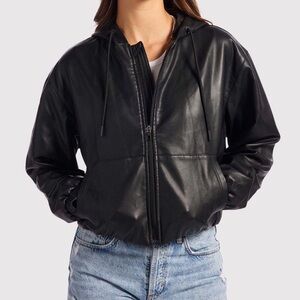 Nuuds Black Faux Leather Zip Hoodie Jacket - Women's